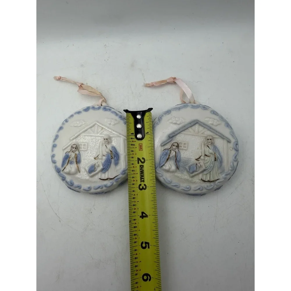 Vintage Autom Porcelain Nativity Christmas Ornaments Blue White Relief Set of 2